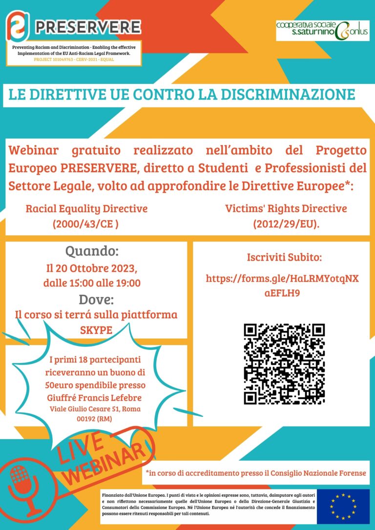 IL 20 ottobre un nuovo Webinar per approfondire le direttive UE sull’Uguaglianza e sui Diritti delle vittime
